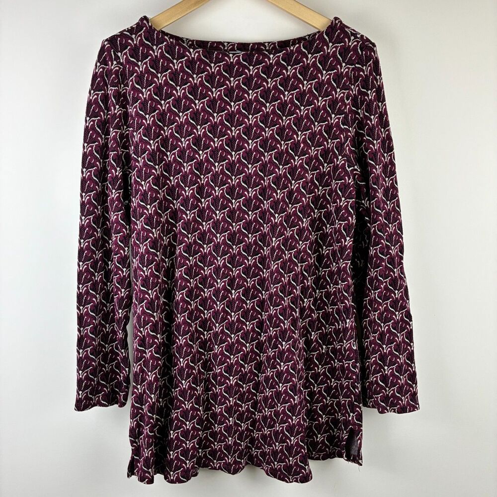 J. Jill Ponte Knit Tunic Top Womens Large Wine Burgundy Black Cream Geo Leaf